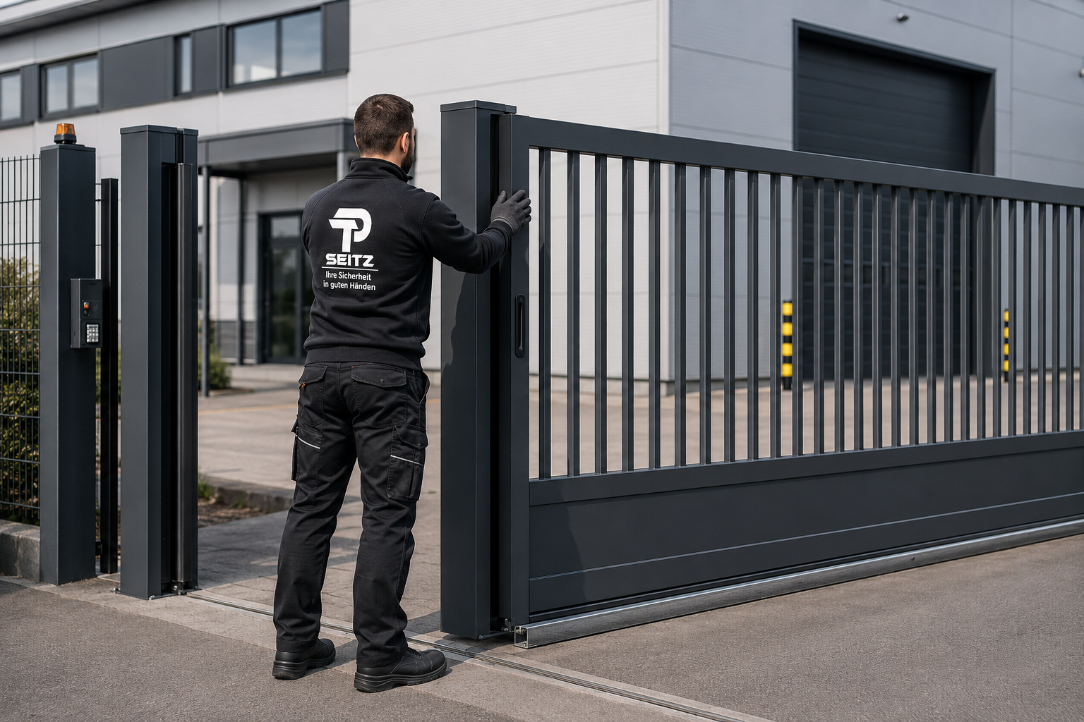 TP Seitz Monteur an einem Industrie-Schiebetor vor einer Gewerbehalle