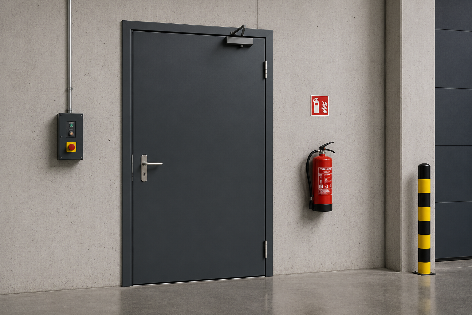 Brandschutztür mit Türschließer und elektrischer Schaltung — typisches Prüfobjekt